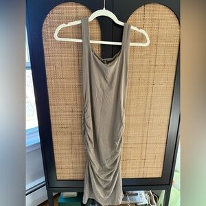 Sleeveless Ruched Midi Tan Dress by SAVVI